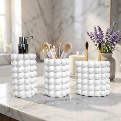 Better Trends Bathroom Accessories Set 3 Pieces Resin Bubble Textured Soap Dispenser, Toothbrush Holder & Tumbler for Vanity, Kitchen Sink & Countertop Organization White Nova Collection - color: White