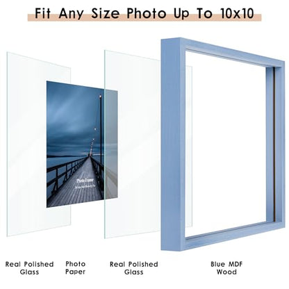 MUYE 10x10 Floating Frame Set of 2,Double Real Glass Square Photo Frame,Display Any Size Photo up to 10x10,Wall Mount or Tabletop Standing,Blue - color: Blue, size: 10x10