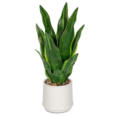 Artificial Snake Plant 17 Inch Faux Snake Plant in Ceramic Pot with Sandstone Gravel, Fake Green Indoor House Plant for Modern Home Decor, Window, Shelf - Mother in Law Tongue Plant - Green - color: Ceramic Pot-green