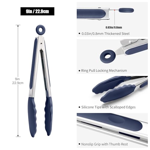 Doosu 600°F Heat Resistant Kitchen Tong for Cooking with Non-Scratch Silicone Tips (9in, Navy Blue) & 3-Piece Silicone Spatula Set Food Grade Baking Supplies Cooking Tools (Black+Lake Blue+Aqua)