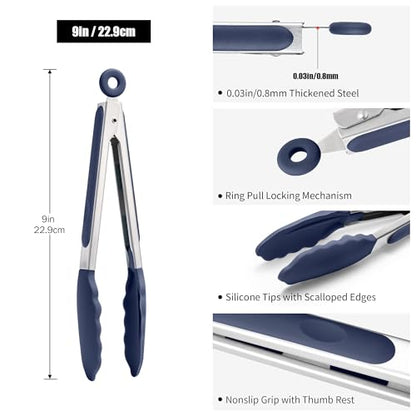 Doosu 600°F Heat Resistant Kitchen Tong for Cooking with Non-Scratch Silicone Tips (9in, Navy Blue) & 3-Piece Silicone Spatula Set Food Grade Baking Supplies Cooking Tools (Black+Lake Blue+Aqua)