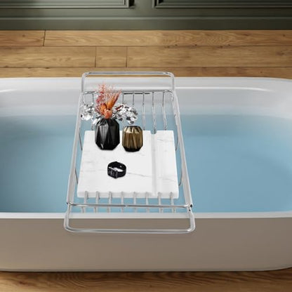 Expandable Bathtub Tray, Stainless Steel Bath Caddy with Marble Board, Adjustable 26.8-35.4 Inch Bathtub Shelf for Bathroom Spa