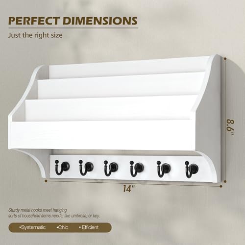 Rebee Vision Mail Organizer Wall Mounted with 6 Key Hooks for Office, White | Pine Wood, Key Holder Wall Mount, Mail Holder, 3-Tier Letter Slots, key Hanger, Entryway Storage, Apartment Rustic Aesthetic - color: White