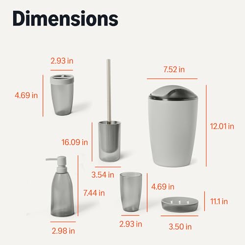 Amazon Basics Bathroom Set, 6-Piece with Toothbrush Holder, Soap Dispenser, Soap Dish, Toothbrush Cup, Trash Can, Toilet Brush and Holder, Grey - color: Grey
