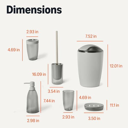 Amazon Basics Bathroom Set, 6-Piece with Toothbrush Holder, Soap Dispenser, Soap Dish, Toothbrush Cup, Trash Can, Toilet Brush and Holder, Grey - color: Grey