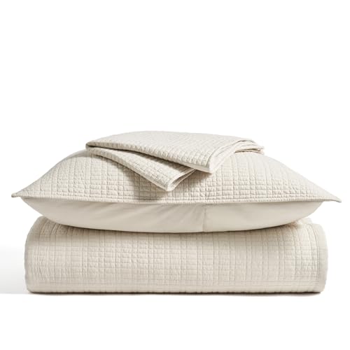 100% Cotton Modern Grid Stitch Quilt Set, King Size, Birch | Pre-Washed Cotton Coverlet Bedspread, Oversized Lightweight 3-Piece Bedding Set for All Season, with 2 Pillow Shams - color: Birch, size: King (110" X 94")