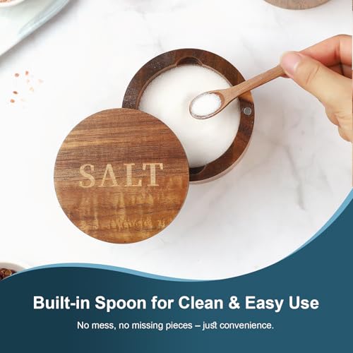 Salt Cellar, Acacia Wood Salt Container with Built-in Spoon & Swivel Lid, Engraved SALT Box, Salt Holder Bowl for Countertop Seasoning Storage - color: Acacia Wood SALT Cellar
