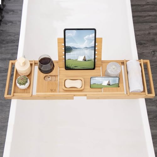 Bamboo Bathtub Caddy Tray with Book Stand & Soap Holder, Natural | Expandable to 41 Inches & Anti-Slip Pads for Luxury Bath Spa - color: Natural
