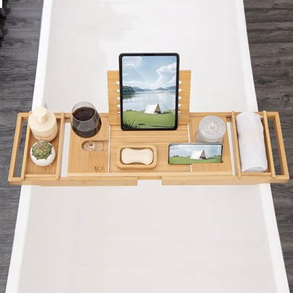Bamboo Bathtub Caddy Tray with Book Stand & Soap Holder, Natural | Expandable to 41 Inches & Anti-Slip Pads for Luxury Bath Spa - color: Natural
