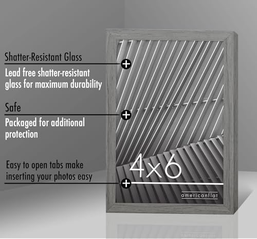 Americanflat 4x6 Picture Frame with Shatter-Resistant Glass - Streamline Collection - Thin Border Photo Frame for Tabletop and Wall Display - Hanging Hardware and Easel Stand Included - Grey | Shatter-resistant glass, wall or tabletop display with include