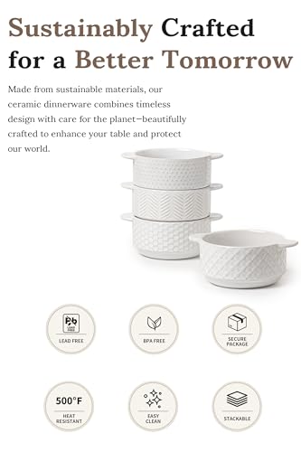 FOBENTA Soup Bowls with Handles, 20oz Embossed Ceramic Bowl Set of 4 – Oven & Microwave Safe, Ideal for Stew, Chili, Cereal – Textured Deep Bowls for Everyday Comfort - size: 20 OZ-Dual Handles