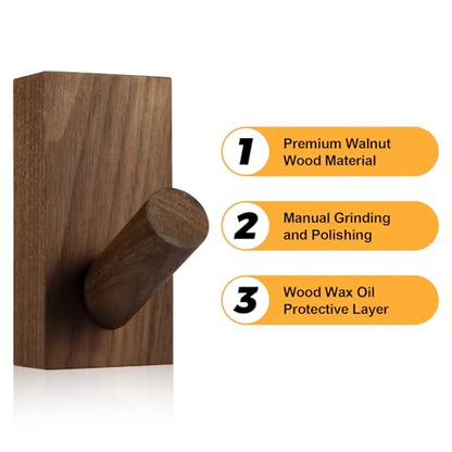 SIAMESE Wooden Wall Hooks, 4 Pcs Adhesive or Nail in Walnut Wood Coat Hooks Wall Mounted for Robe, Towel, Hat, Key, Bag, Clothes in Entryway, Bedroom or Closet (Walnut Wood)