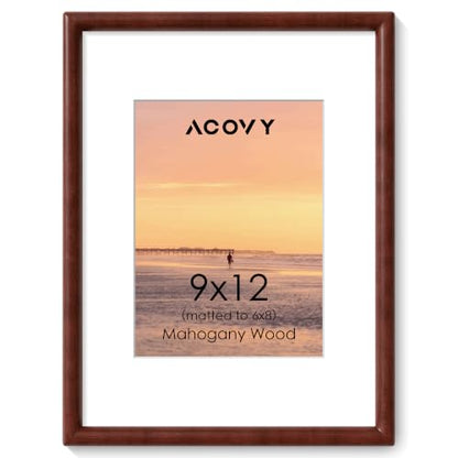 Acovy 9x12 Picture Frame, Natural Solid Mahogany Wood | Handcrafted Wooden Frame, Matted to 6x8, High Definition Tempered Glass, Wall Hook Included - color: Mahogany, size: 9"x12"