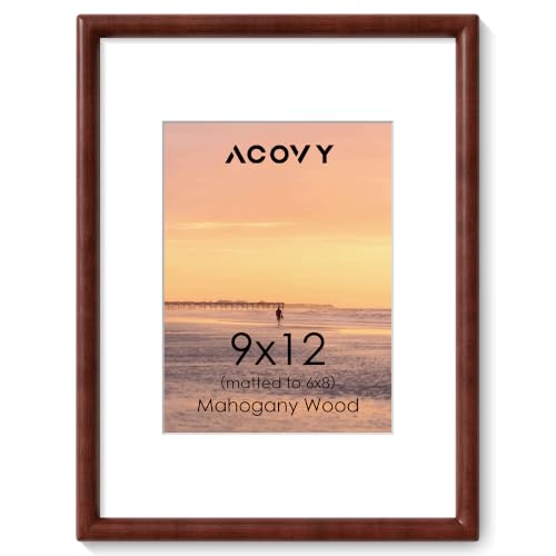 Acovy 9x12 Picture Frame, Natural Solid Mahogany Wood | Handcrafted Wooden Frame, Matted to 6x8, High Definition Tempered Glass, Wall Hook Included - color: Mahogany, size: 9"x12"