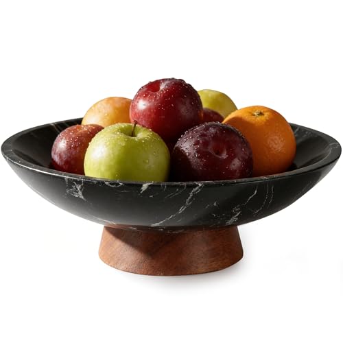 Marble Decorative Bowl, 11” Large Centerpiece for Table, Fruit Bowl for Kitchen Counter, Coffee Table or Entryway Decor, Natural Marble with Wood Base, Luxury Housewarming Gift - Black - color: Black