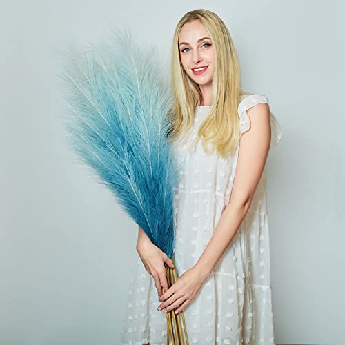 Faux Pampas Grass Decor, 6 Stems Artificial Pampas Grass - 43 inch Tall Pompass Grass Large Pompous Boho Flower Arrangement Home Decor for Room Wedding Party - color: Gradient-blue