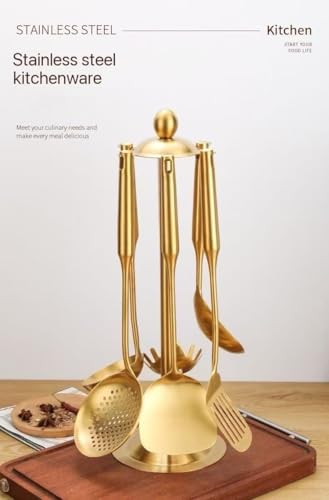 Premium 7-Piece Gold Kitchen Utensil Set with Stand, Stainless Steel Cooking Tools- Dishwasher Safe Ladle, Spoon, Spatula, Pasta Fork, Luxury Brass Kitchen Accessories for Home Chefs (Gold) - color: Gold
