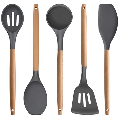 Silicone Cooking Utensils Set 5-Piece Non-Stick Kitchen Utensil Set, Wood Handle Heat Resistant Spatula Spoon Turner Soup Ladle Silicone Cooking Kitchen Gadgets BPA Free for Nonstick Cookware - color: Gray, size: Standard 5-Piece Set