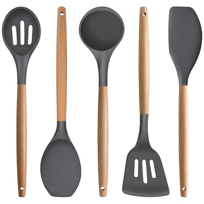 Silicone Cooking Utensils Set 5-Piece Non-Stick Kitchen Utensil Set, Wood Handle Heat Resistant Spatula Spoon Turner Soup Ladle Silicone Cooking Kitchen Gadgets BPA Free for Nonstick Cookware - color: Gray, size: Standard 5-Piece Set
