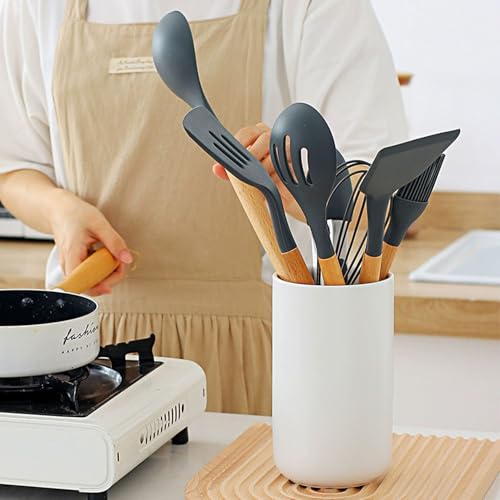 Kitchen Utensil Holder, 6.3"+5.3" Ceramic Kitchen Utensil Holder for Countertop, Large Cooking Utensil Crock for Kitchen Counter, Set of 2, for Spoons, Spatulas, Utensils (White Set) - color: White Set