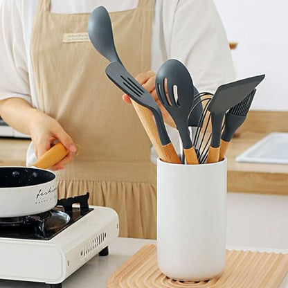 Kitchen Utensil Holder, 6.3"+5.3" Ceramic Kitchen Utensil Holder for Countertop, Large Cooking Utensil Crock for Kitchen Counter, Set of 2, for Spoons, Spatulas, Utensils (White Set) - color: White Set