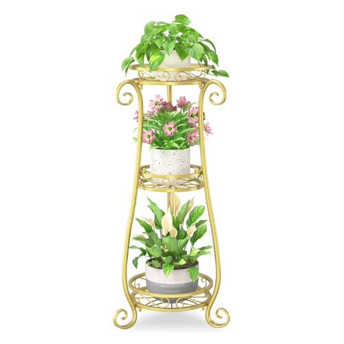 iDavosic.ly 3 Tier Tall Metal Plant Stand Outdoor Indoor, 34 Inch, Gold | Corner Flower Pot Holder Shelf, Wrought Iron Vertical Display Rack for Patio Porch Garden, Heavy Duty, Sturdy, Space Saving - color: Sparkling Gold, size: 3 Tiers