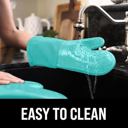 BPA-Free Soft Silicone Oven Mitts - Ultra Heat Resistant Oven Mitts with Thick Cotton Liner - Long Slip Resistant Pot Holders, Flexible Oven Gloves - Turquoise 13.7" - color: Turquoise, size: 2-Piece 13.7" Oven Mitts