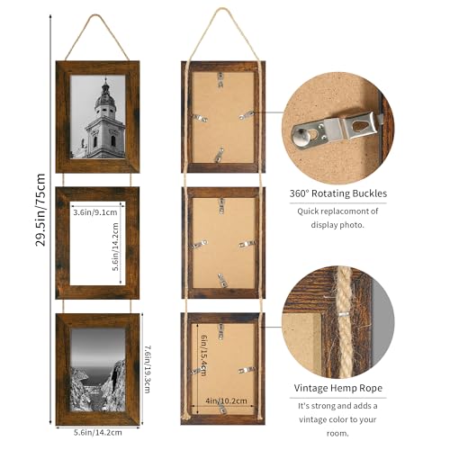 4x6 Collage Picture Frames Set of 2, Rustic Wooden Real Glass Vertical Hanging 3 Opening 4 by 6 Photo Frame, Brown - color: Brown, size: Vertical-4x6 in