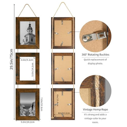 4x6 Collage Picture Frames Set of 2, Rustic Wooden Real Glass Vertical Hanging 3 Opening 4 by 6 Photo Frame, Brown - color: Brown, size: Vertical-4x6 in
