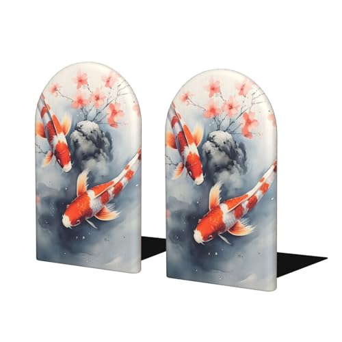 Koi Fish Wooden Bookends for Shelves Decorative Book Ends Universal Book Organizer Holder for Office, Heavy Books, Vinyl Records - color: Koi Fish
