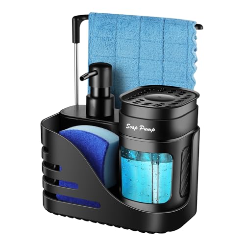 Kitchen Soap Dispenser Set, 4-in-1 Dual Hand and Dish Soap Dispenser with Sponge Holder and Dishcloth Holder for Kitchen Sink (Black) - color: Black
