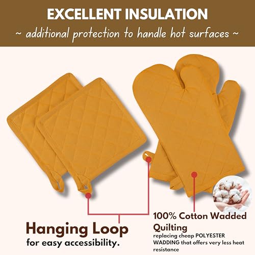 Native Fab 4 Piece Set - 2 Oven Mitts & 2 Potholders, Heat Resistant, 100% Cotton, Quilted Design, Non-Slip Grip, Machine Washable, Ideal for Baking, Cooking, BBQ, Kitchen Protection - Mustard Yellow - color: Mustard Yellow
