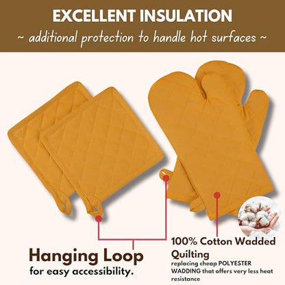 Native Fab 4 Piece Set - 2 Oven Mitts & 2 Potholders, Heat Resistant, 100% Cotton, Quilted Design, Non-Slip Grip, Machine Washable, Ideal for Baking, Cooking, BBQ, Kitchen Protection - Mustard Yellow - color: Mustard Yellow