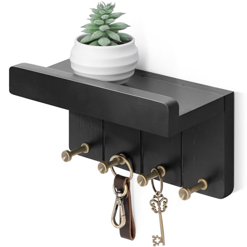 Rebee Vision Small Key Holder Wall Mount with Shelf for Entryway, Black | Mini Key and Mail Holder for Wall, 4 Key Hooks, Small Shelf for Plant Display, Aesthetic Room Decor, Space-Saving - color: C - Black, size: Small - 8 inch