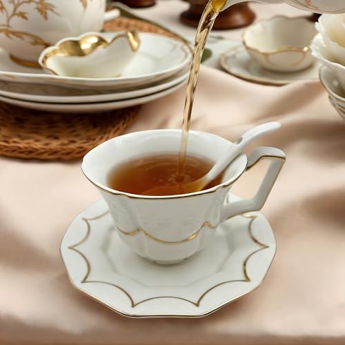 Tea Cup and Saucer Set for 1, Ceramic, White, 6.8 Oz | Coffee Cup with Saucer and Spoon, Elegant Design, 3D relief patterns, Gold Trim, Protective Packaging, Ideal for Gift - color: Modern
