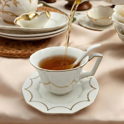 Tea Cup and Saucer Set for 1, Ceramic, White, 6.8 Oz | Coffee Cup with Saucer and Spoon, Elegant Design, 3D relief patterns, Gold Trim, Protective Packaging, Ideal for Gift - color: Modern