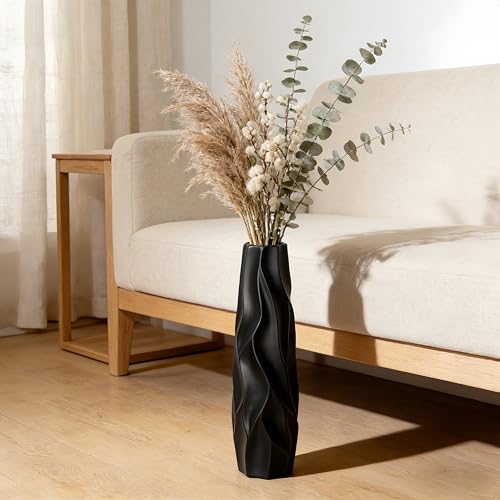Black Tall Ceramic Floor Vase, 15.7 Inch, Pleated Wave Design | Matte Finish, Narrow Corners, Entryway, Bedroom, Compact Spaces - size: 15.7 Inch