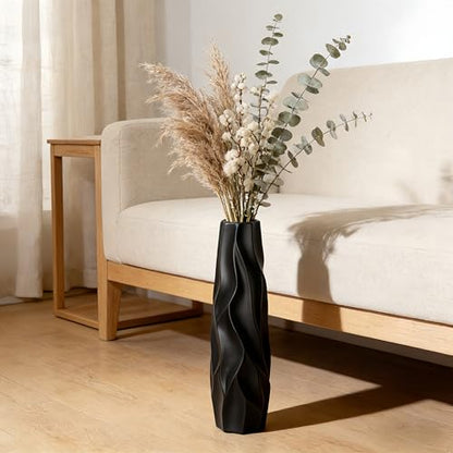 Black Tall Ceramic Floor Vase, 15.7 Inch, Pleated Wave Design | Matte Finish, Narrow Corners, Entryway, Bedroom, Compact Spaces - size: 15.7 Inch