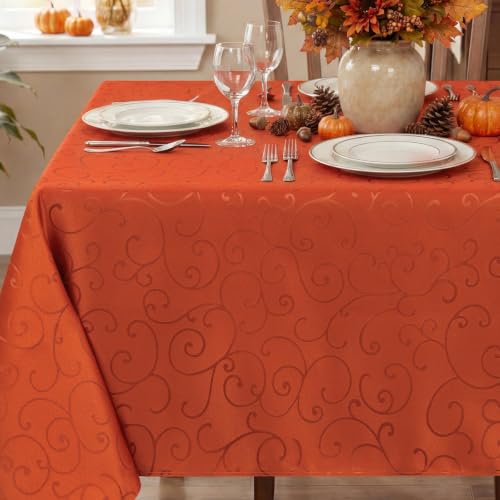 Romanstile Fall Jacquard Tablecloth Rectangle - Waterproof Damask Curly Floral Pattern Decorative Autumn Table Cloth, Heavy Weight Fabric Table Cover for Dining/Party/Holiday - Rust, 52 x 70 Inch - color: Rust, size: 52" x 70" (Rectangular)