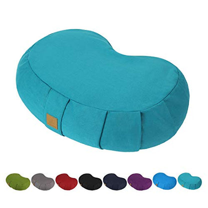 Crescent Zafu Meditation Pillow, D=17" W=11" H=5.5" Zabuton Yoga Bolster, Meditation Cushion, Floor Pouf Yoga Pillow Zippered Organic Cotton Cover Natural Buckwheat kneeling pillow - Large - color: Cyan Blue