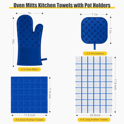 Oven Mitts Kitchen Towels Dishcloths with Pot Holders Sets, Dish Towels Sets, Oven Gloves Pot Pads Heat Resistant 500 Degrees with Non-Slip Silicone Surface for Cooking Baking Grilling-Royal Blue - color: Royal Blue