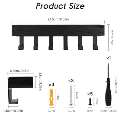 Key Holder Wall Mount with 6 Hooks, Drilling Key Holder for Wall with Wooden Tray, Multifunctional Key Rack with Mail Organizer for Entryway Living Room (Black) - color: Black