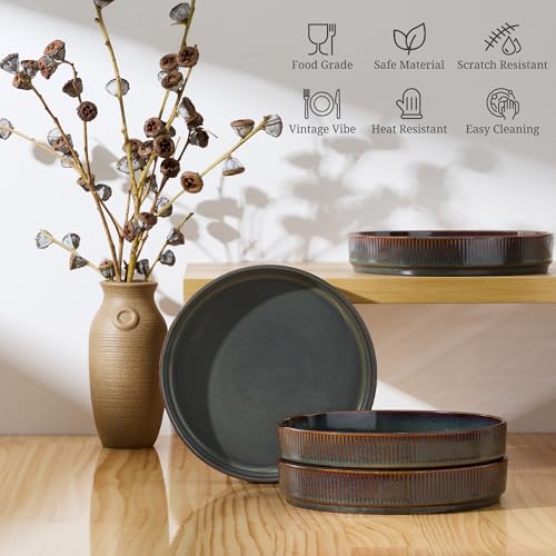 E-far Pasta Bowls Set of 4, 35oz Large Salad Bowl Plate for Dinner Serving, Wide & Shallow Ceramic Stoneware Pasta Plates, Microwave & Dishwasher Safe, Reactive Glaze Textured Stripes, Blackish Green - color: Blackish Green