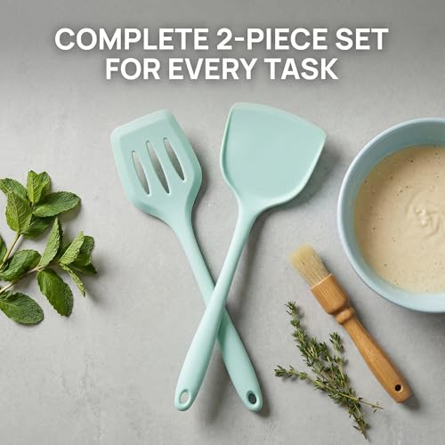 2-Pack Silicone Spatula Set, Heat Resistant Spatulas for Baking & Mixing, BPA-Free Solid & Slotted Turner for Non-Stick Pans, Kitchen Utensils for Scraping, Sauteing and Flipping (Mint Green) - color: Mint Green
