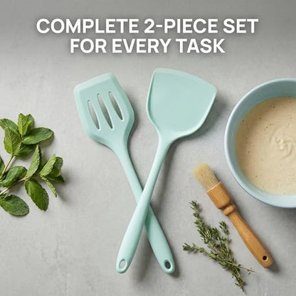 2-Pack Silicone Spatula Set, Heat Resistant Spatulas for Baking & Mixing, BPA-Free Solid & Slotted Turner for Non-Stick Pans, Kitchen Utensils for Scraping, Sauteing and Flipping (Mint Green) - color: Mint Green