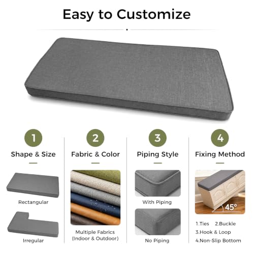 Custom Bench Cushion, Made-to-Order Custom Size Window Seat Cushion, High Density Foam, Waterproof for Indoor & Outdoor Use, Removable Washable Cover, Non-Slip Bottom with Ties