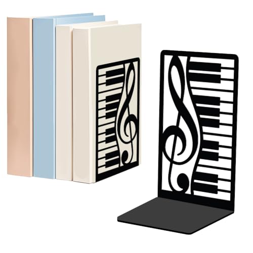 WADORN 1 Pair Piano Musical Notes Metal Decorative Bookend for Shelves, Heavy Duty Book Ends Non-Skid Books Holder Stand Black Book Support Stoppers for Music Books Desk Office Home, 5.3x4.3x7.9 Inch - color: Piano Musical Notes