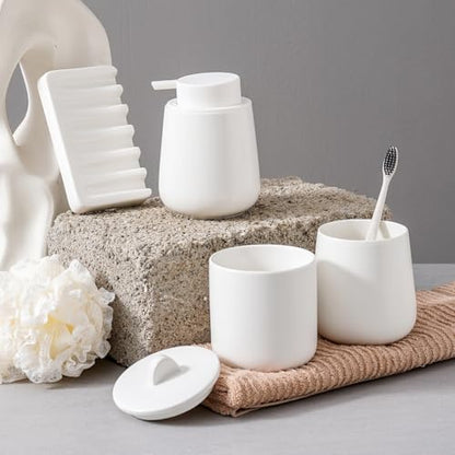 Agyiuns Ceramic Bathroom Accessories Set, Lotion Soap Dispenser and Toothbrush Holder Set, Soap Dish, Apothecary Jars,4 Pieces for Home Modern Bathroom Decor Vanity Countertop(White Set - Liquid)