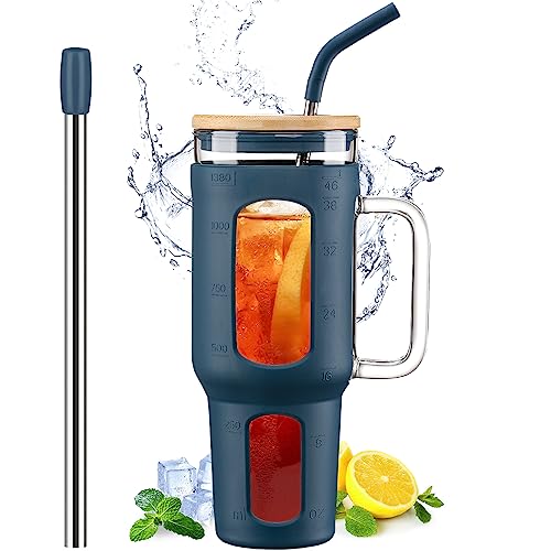 WINSA Glass Tumbler with Lid and Straw, 46 oz, Blue | Iced Coffee Cup with Handle, Large Water Bottle with Silicone Sleeve, Pearl Straw & Drinking Straw, BPA Free - color: Blue, size: 46 Ounces