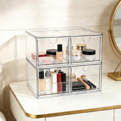 Prsildan Acrylic Storage Drawers Clear Makeup Organizer with 4 Drawers | Transparent, Stackable, For Vanity Bathroom Kitchen Cabinets Office Desk Undersink, Cosmetics Toiletries Home Small Items - size: Stackable-4Drawers